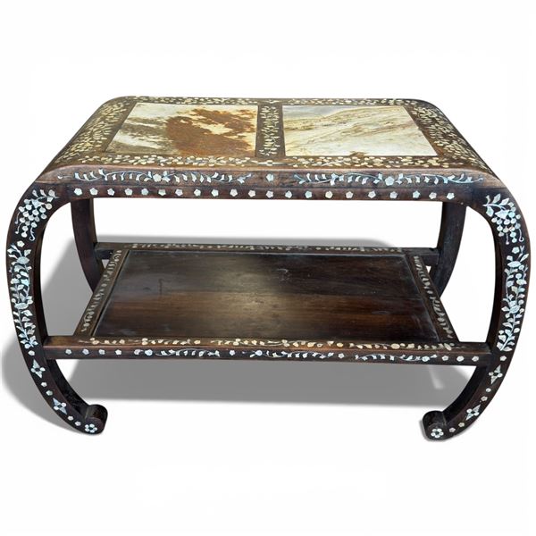 Chinese Coffee Table with Inlaid Mother-of-Pearl and Marble (15" x 34" x 22" tall)