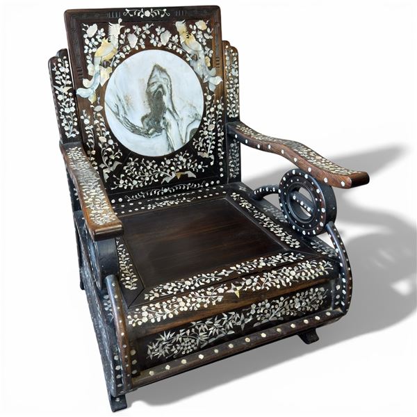Chinese Arm Chair with Phoenix & Floral Mother-of-Pearl Inlay and Round Marble Inlay