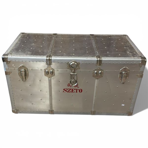Metal Storage Trunk with Interior Tray - Stamped SZETO on the front (21" x 40" x 22" tall)