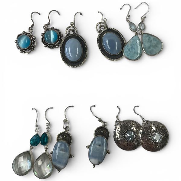 6 Pairs of Polished Natural Gemstone & Crystal Earrings in Silver Settings (Larimar, Blue Chalcedony