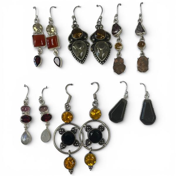 6 Pairs of Polished Natural Gemstone & Crystal Earrings in Silver Settings (Citrine, Garnet, Druzy,