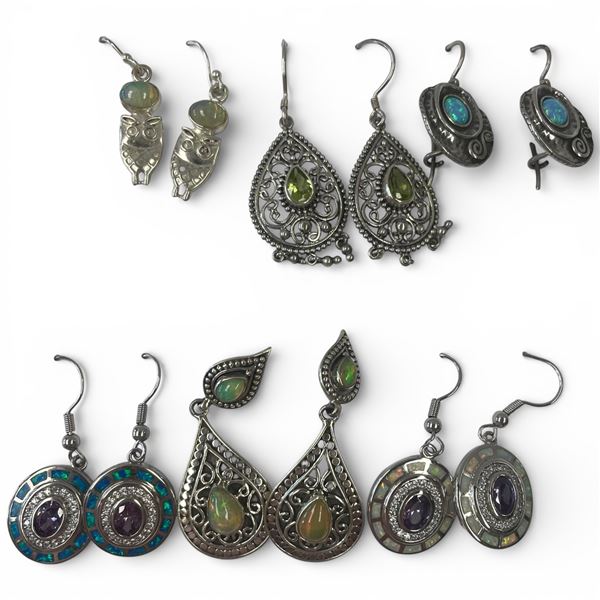 6 Pairs of Polished Natural Gemstone & Crystal Earrings in Silver Settings (Triplet Opal, Amethyst,