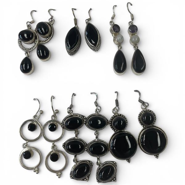 6 Pairs of Polished & Faceted Black Onyx Earrings in Silver Settings * Majority are stamped .925 * L