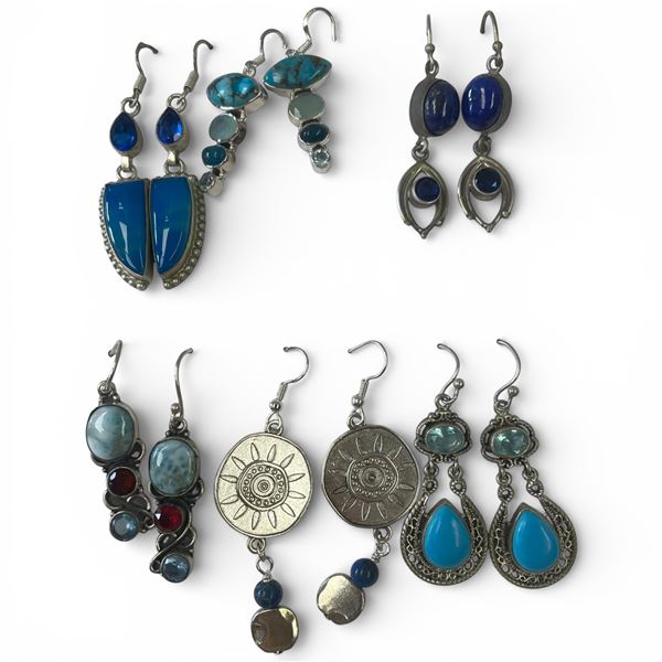 6 Pairs of Polished Natural Gemstone & Crystal Earrings in Silver Settings (Larimar, Ocean Agate, Ch