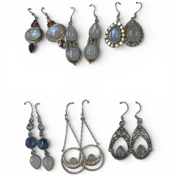 6 Pairs of Polished Natural Gemstone & Crystal Earrings in Silver Settings (Moonstone, Larimar,  Gar