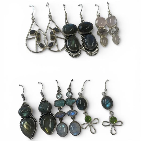 6 Pairs of Labradorite Cabochon & Quartz Earrings in Silver Settings (Majority are stamped .925) * L