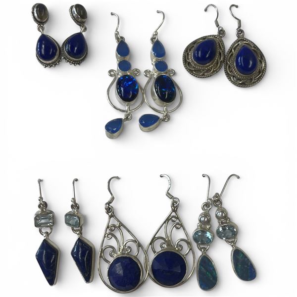 6 Pairs of Earrings in Silver Settings (Lapis Lazuli, Triplet Opal, Kyanite, Chalcedony and more) *