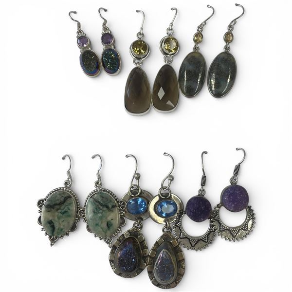 6 Pairs of Earrings in Silver Settings (Citrine, Druzy, Amethyst , Agate & More) * Majority are stam