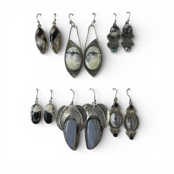 6 Pairs of Polished Agate Earrings in Silver Settings (Montana, Dendritic Agate, White Buffalo Turqu
