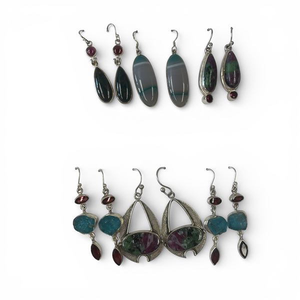6 Pairs of Polished and Raw Gemstone & Crystal  Earrings in Silver Settings (Garnet, Ruby Zoisite, B
