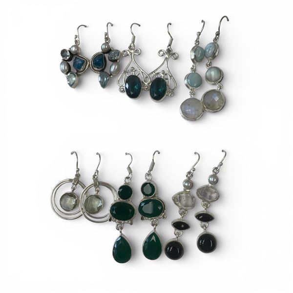6 Pairs of Earrings in Silver Settings (Topaz Crystal, Green Agate, Onyx, Larimar, Moonstone & More)