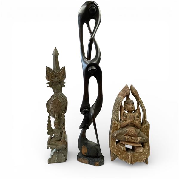 3 Carved Wood Collectibles *  31" Tall  Abstract, Wall Hanging 9" x 18" Deity Carving & 23" Tall Sou
