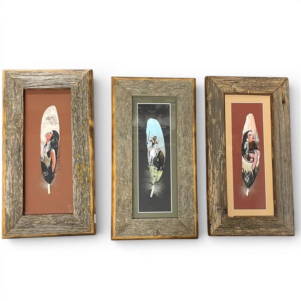 3 Metis Painted Feathers in Handcrafted Wood Frames * Painting by Lucille Scott * Frames by Louise G