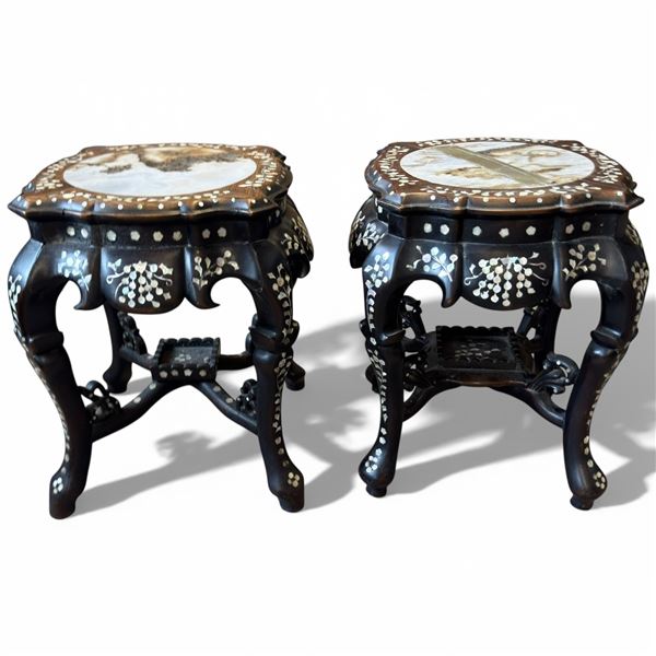 2 Chinese Rosewood Stools with Marble Top & Mother of Pearl Inlay - Some cracking and damage - can b
