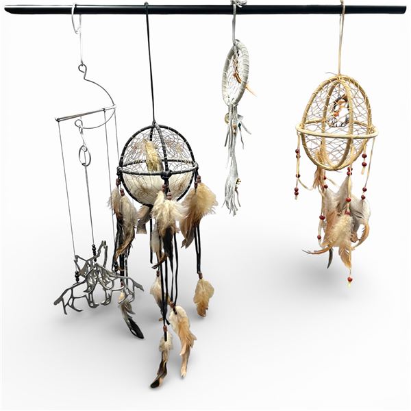 Group of 4 First Nations Style Hanging Art * Metal Wolf Wind Chime, 2 Orb Dream Catchers and 1 Mini