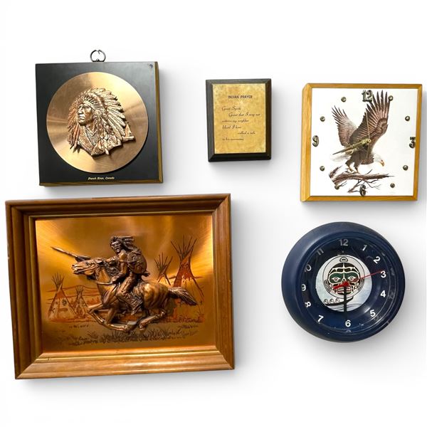 2 Wall Clock & 3 Wall Plaques (Largest is the framed 3d copper relief John Louw piece * 13" x 16")