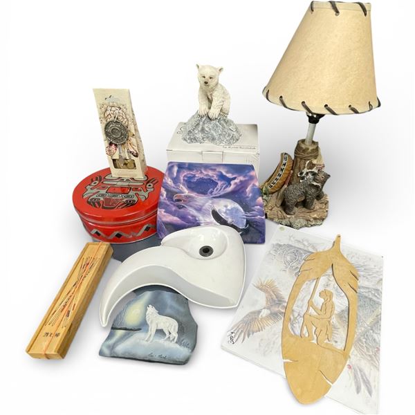 Group of First Nations Design 14" Lamp and Other Collectibles