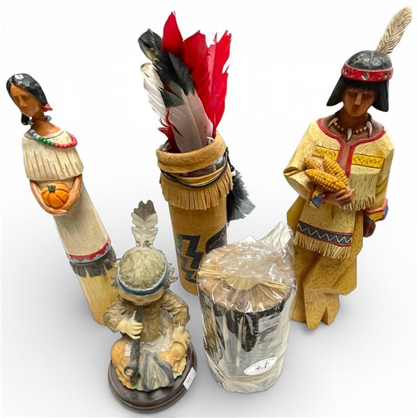 Group of 5 Collectible Items * 12" Wood Thanksgiving Statues, Wood and Quill Pillar Candle, Leather
