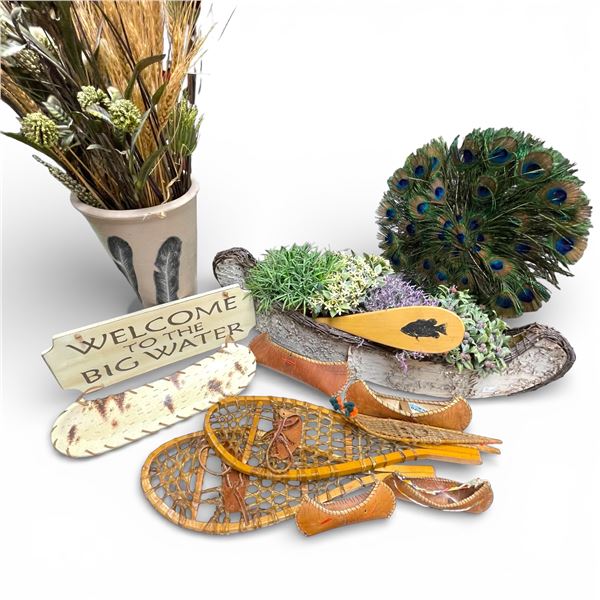 Group of Bark Canoes, Mini Snowshoes, Vase and more (Larges Canoe is 24" long)