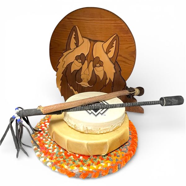 Wood Wolf Plaque, Rag Rug Mat and 2 Drums with Sticks (Mat is 13")