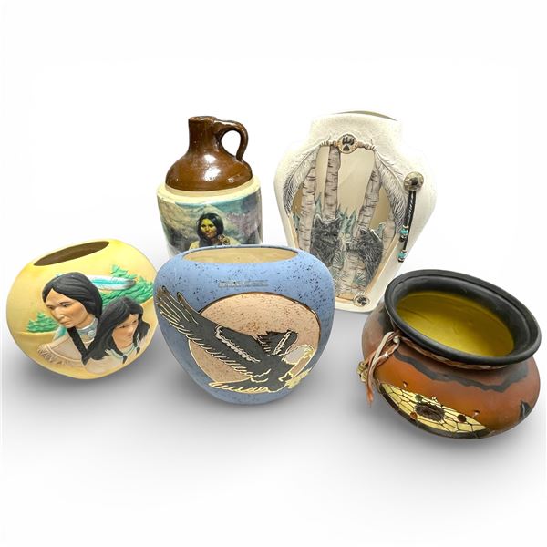 5 Southwestern Style Painted Ceramics & Stoneware (Stone ware jug  is 14" tall