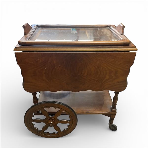 Drop Side Oak Tea Trolley with Removable Glass Tray (16" x 26" x 28" tall when sides are down)