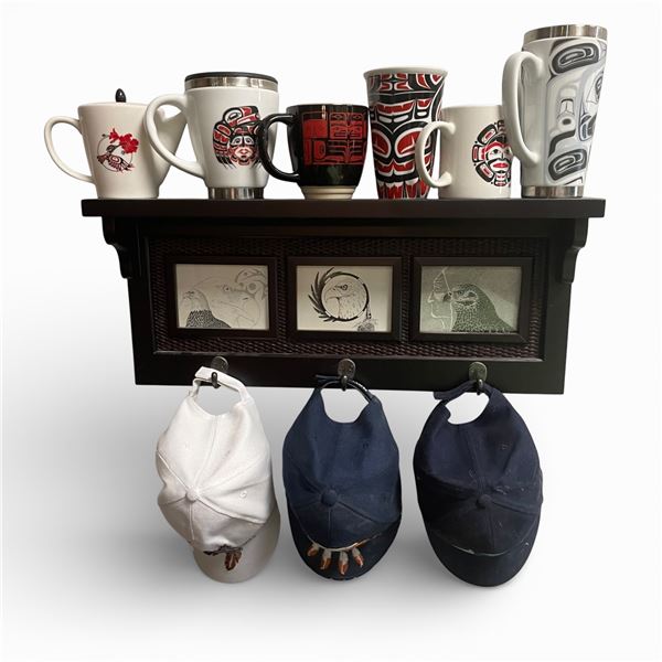 Wall Shelf with Assorted First Nations Design Cups, Mugs and Trucker Hats (Shelf is 23" long)