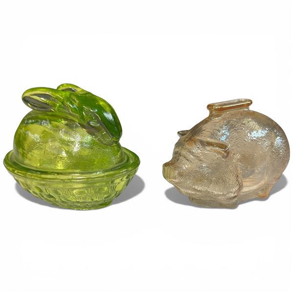 Vintage Depression Glass Bunny on Nest & Piggy Bank (Bunny on Nest is 4" x 5" x 4.5" tall)