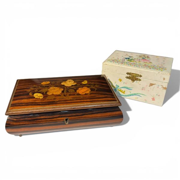 Polished Wood Swiss Movement Jewel Box & Vintage Child's Jewel Box (Swiss box is 6" x 8" x 3" tall)