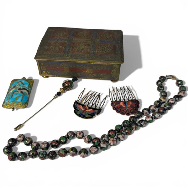 Vintage Brass Clad Trinket Box with Cloisonné Bead Necklace, Hair Combs, Pendant & Stick Pin