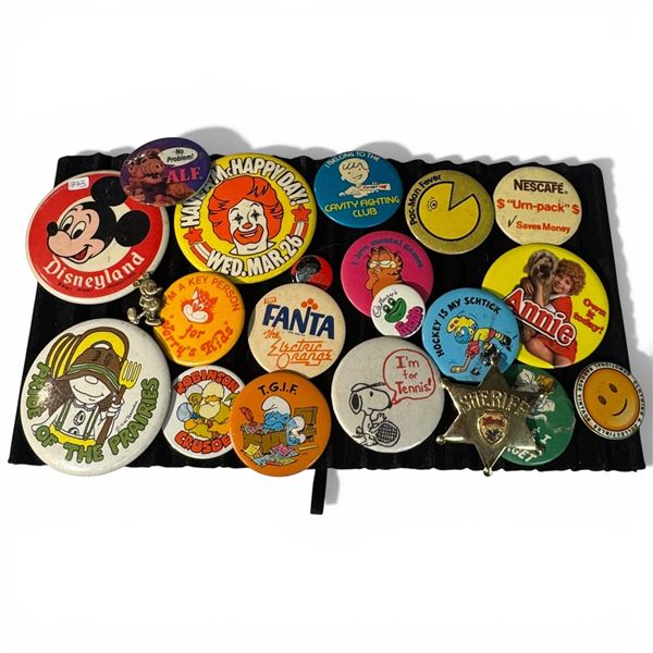 20+ Vintage Pin Back Buttons and Badges * Display tray not included
