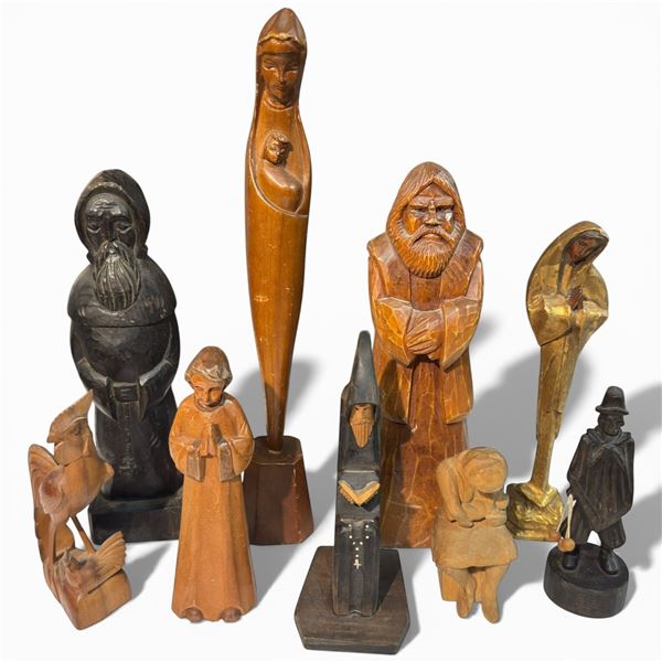 Collection of Wood Carved Folk Art Figurines 9 Pieces Tallest 16.5-Inch