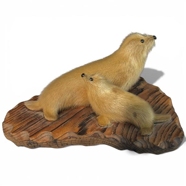 Seal Fur Figurines on Wood Base * 7" x 8" x 5" tall