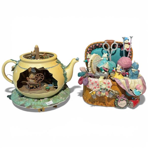 2 Enesco Animated Musical Collectibles with the Whiskerflick Mouse Family (Teapot Bungalow and Sew P