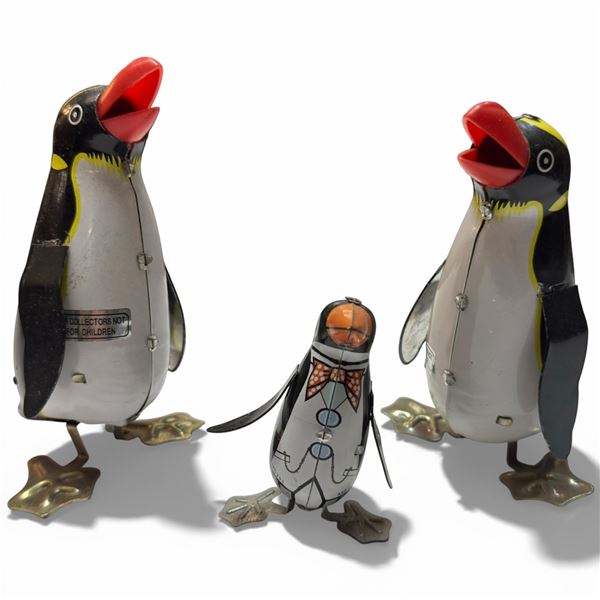 3 Vintage Tin Toy Penguins (tallest is 6")