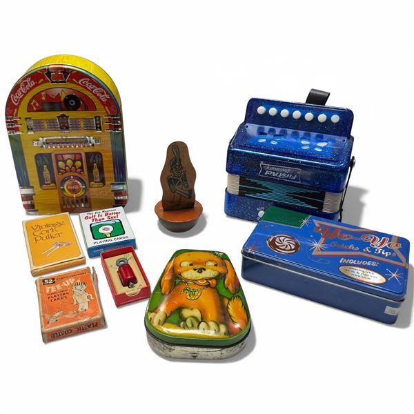 Group of Tins, Games and More * Featuring the Vintage 6.5" Metal Based Wobbly Soldier