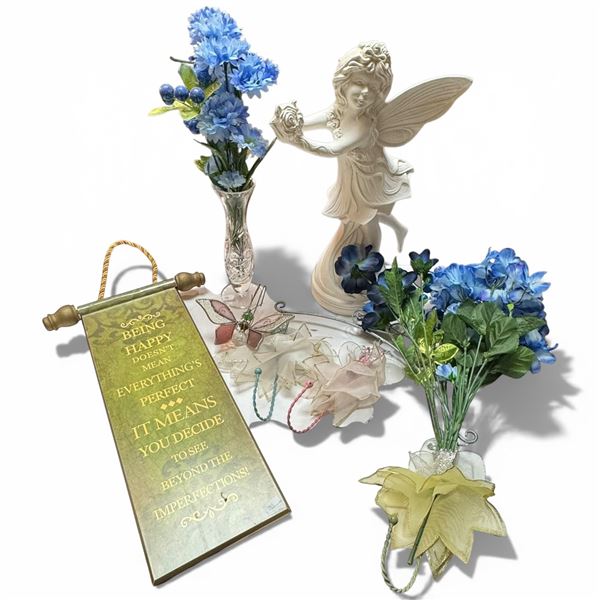 Shelf Lot of 15" Ceramic Angel, Imitation Flowers, Crystal Vase and Inspirational Plaque
