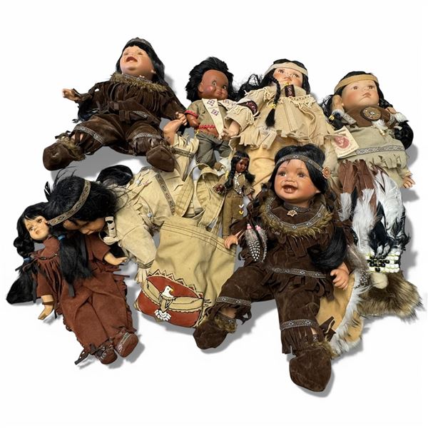 Shelf Lot of First Nations Design Dolls * Tallest seated doll is 11" * Variety of Materials