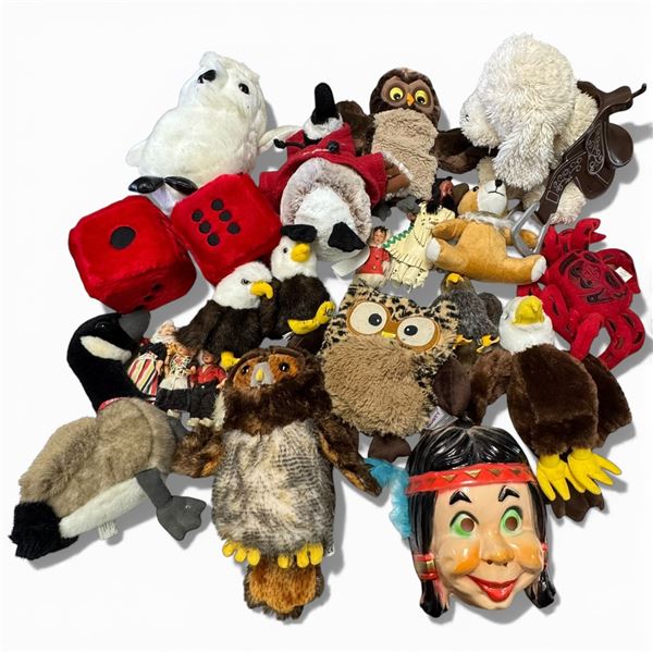 Shelf Lot of Dolls, Stuffed Toys and a Set of Fuzzy Dice (Sizes range from 4" to 10")