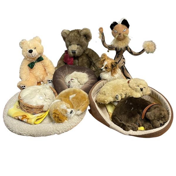 Shelf Lot of Fuzzy Dog and Cat Figures ( Tallest is the 18" Disco Queen Cat)