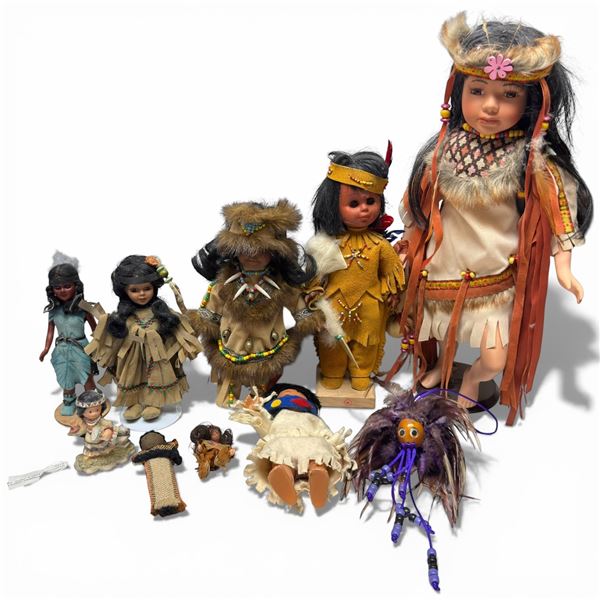 Lot of Assorted First Nations Collectable Dolls in Traditional Dress Tallest 17-Inch