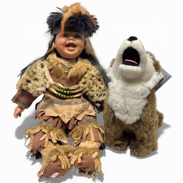 First Nation Native Baby Doll 20-Inch & Howling Wolf Plush Stuffed Toy