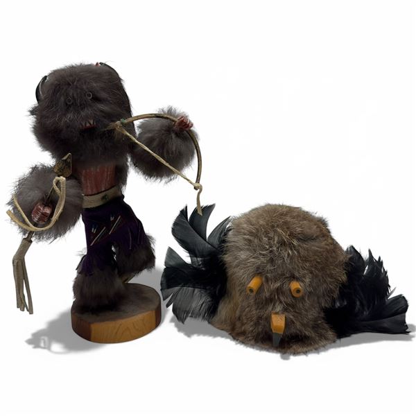 Pair of Hand-Crafted Indigenous Style Dolls Sculpture 8-Inch & 12-Inch Small Fur Doll