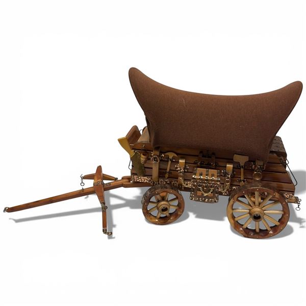 Handmade Wooden Western Americana Covered Wagon with Fabric Covering, Copper Accents...