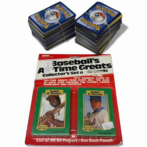Assorted Pokémon Card Stack & Package of Vintage Baseball Cards