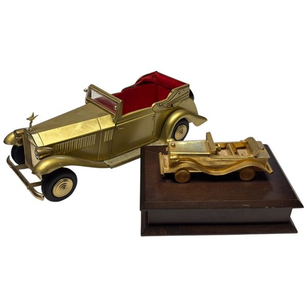 Copper Decanter Holder Antique Car Music Box 16-Inch & Brass Car Topped Wooden Box