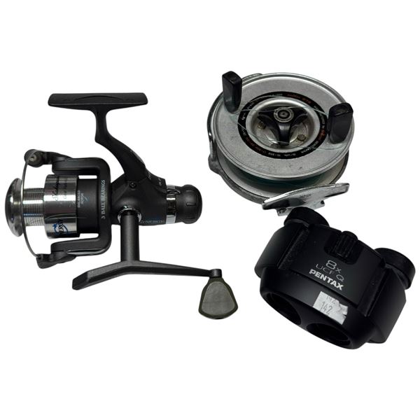Collection of Two Fishing Reels: Shakespeare Synergy, Daiwa 275 & Pentax UFC Q Binoculars