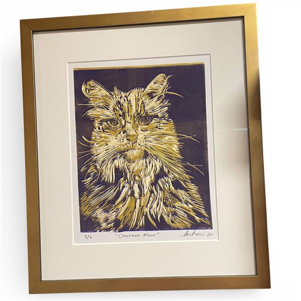 'Chairman Meow' Limited Block Print 3/7 Signed Cat Feline Artwork 14.5 X 16.5-Inch