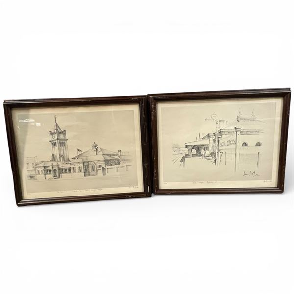 A pair of Architectural Renderings by Ron Pratt.  1. "The Court House and Town Clock, Wagga Wagga...