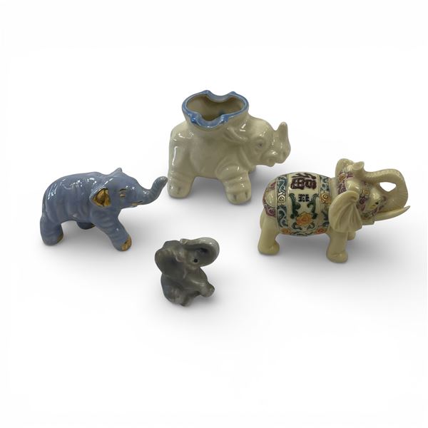 Parade of 4 Small Elephants: Japan Porcelain & Resin Chinese Good Luck Elephant